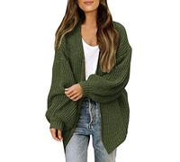 Cardigan Damen Lampionärme Strickjacke Offene Front Strickmantel Weiche Warme Grobstrickjacke Oversize Strick Pullover Jacke Einfarbig Armeegrün L