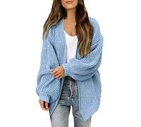 Cardigan Damen Lampionärme Strickjacke Offene Front Strickmantel Weiche Warme Grobstrickjacke Oversize Strick Pullover Jacke Einfarbig Hellblau S