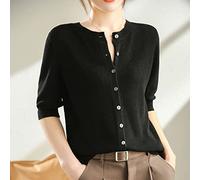 Cardigan Damen, Modischer Rundhalsausschnitt Leichter Kurz Geschnittener Cardigan Schwarz Strukturierter Strickcardigan Weicher Halber Ärmel Offener Strickpullover Mantel Dünne Oberbekleidung Für