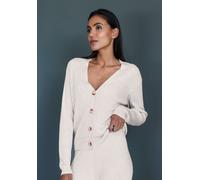 Cardigan FRENCH CONNECTION "- Loungejacke - Strickjacke", Damen, Gr. 36, beige (creme), Feinstrick, Obermaterial: 40% Viskose, 30% Polyacryl, 30% Polyester, unifarben, figurbetont hüftlang, V-Ausschni