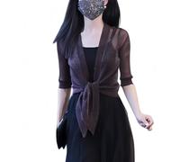 Cardigan für Damen Offener Bolero mit Halben Ärmeln und Bindegürtel Leichtes Sommer Top Transparente Jacke Zum Überwerfen Über Abendkleider Silberbraun Größe L