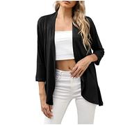 Cardigan Schwarz Damen Open Elegant Sportlich Sommer Jäckchen Bolerojacke Modern 3/4 Arm Lang Casual Blouson Cardigan Leicht Dünn Festlich Schwarz Blusenjacke Strickjacke