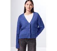 Cardigan STREET ONE STUDIO, Damen, Gr. 44, blau (force blau meliert), Stoff, 79% Polyacryl, 15% Viskose, 6% Polyamid, unifarben, normal normal, V-Ausschnitt, Bündchen, Strickjacken, mit V-Ausschnitt (
