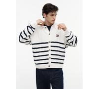 Cardigan TOMMY JEANS "RELAXED STRIPE CABLE BUTTONUP", Herren, Gr. L, weiß (ancient weiß stripe), Strick, Obermaterial: 100% Baumwolle, gestreift, relaxed fit normal, Rundhals, eingesetzt Rippbündchen,