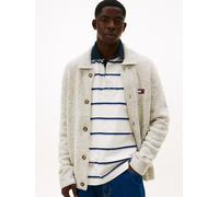 Cardigan TOMMY JEANS "TJM BADGE KNITTED", Damen, Gr. M, ancient weiß, Strick, Obermaterial: 78% Wolle, 19% Baumwolle, 3% Polyacryl, gerade, Rippbündchen, Strickjacken, regular fit, mit gerippten Krage