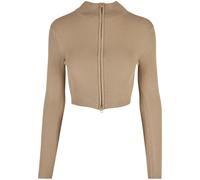 Cardigan URBAN CLASSICS "Urban Classics Damen Ladies Cropped Rib Knit Zip Cardigan", Damen, Gr. L, unionbeige, 35% Polyacryl, 35% Viskose, 30% Polyamid, unifarben, amerikanischer Ausschnitt, Strickjac