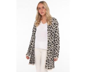 Cardigan ZWILLINGSHERZ "Classic Leo Uni", Damen, Gr. L/XL, beige (leo beige), Strick, Obermaterial: 50% Baumwolle, 50% Polyacryl, ca. Mitte Oberschenkel, V-Ausschnitt, Strickjacken, Animal-Muster, Lan