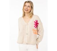 Cardigan ZWILLINGSHERZ "Happy Vibes", Damen, beige, Grobstrick, Obermaterial: 56% Polyacryl, 28% Polyamid, 8% Wolle, 8% Viskose, lässig geschnitten hüftlang, V-Ausschnitt, Strickjacken, Knopfleiste, g