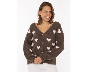 Cardigan ZWILLINGSHERZ "Herzen", Damen, braun, Strick, Obermaterial: 65% Polyacryl, 17% Polyamid, 9% Wolle, 9% Viskose, mehrfarbig, bequem hüftbedeckend, V-Ausschnitt, Rippstrickbündchen, Strickjacken