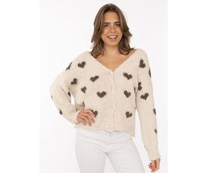 Cardigan ZWILLINGSHERZ "Herzen", Damen, hellbeige, Strick, Obermaterial: 65% Polyacryl, 17% Polyamid, 9% Wolle, 9% Viskose, mehrfarbig, bequem hüftbedeckend, V-Ausschnitt, Rippstrickbündchen, Strickja