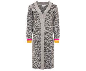 Cardigan ZWILLINGSHERZ "Wild Leo", Damen, Gr. L/XL, grau, Grobstrick, Obermaterial: 65% Polyester, 13% Polyacryl, 13% Polyamid, 9% Wolle, Strickjacken, Leomuster, Schriftzug hinten in Neon, gestreifte