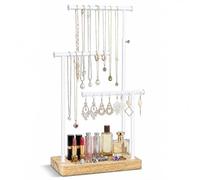 Carehabi Schmuckständer Holz Schmuckhalter Kettenhalter Schmuck Organizer | Schmuckaufbewahrung Drehbar 51cm 360°Drehung 3 Stäbe mit Holztablett für Ketten Ohrringen Ringen Uhren und Armbändern