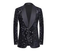 CARFFIV Men's Sequins Velvet Stage Party Prom Wedding Dinner Symmetry Suit Jacket Blazer,Black,L
