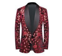 CARFFIV Men's Sequins Velvet Stage Party Prom Wedding Dinner Symmetry Suit Jacket Blazer,Red,XXL