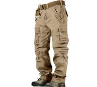 Cargo-Kampfhose für Herren, Baggy-Arbeitshose, Khaki, Baumwollhose, normale Passform, bequeme Arbeitshose, stilvoll, intelligent, mehrere Taschen, Trainingshose, gerade, flache Vorderhose, khaki,