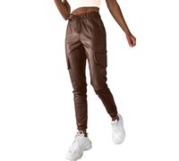 Cargo Lederhose Damen Schwarz - Kunstlederhose Damen 7/8 Lang Cargohose Stretch Lederimitat Hose Lederoptik Sport Jogginghose PU Leder Hosen High Waist Leggings mit Taschen Lederhosen Braun