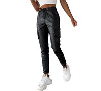 Cargo Lederhose Damen Schwarz - Kunstlederhose Damen 7/8 Lang Cargohose Stretch Lederimitat Hose Lederoptik Sport Jogginghose PU Leder Hosen High Waist Leggings mit Taschen Lederhosen Braun