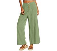 Cargo Pants Damen Damen Hosen Stretch Weite Hose Damen Elegant High Waist Einfarbiges Druckknopf Sommerhose Mit Taschen Baumwoll Leinen Locker Chino Hose Leicht Stoffhose Leinenhose Damen (Grün, L)