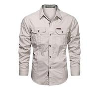 Cargo Shirt Herren Langarm Casual Baumwollhemden Camisa Militar Overshirt Kleidung Schwarze Blusen-Beige-L
