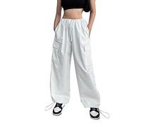 Cargohose Damen Baggy Cargo Hose weites Bein, Lange Hose mit Tasche Y2K Baggy Lange Hosen (White, S)