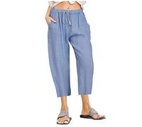 Cargohose Damen Baggy Stoffhose Damen Sommer Haremshosen Für Damen Elastische Taille Einfarbiges Tunnelzug 7/8 Hose Mit Taschen Locker Chino Hose Leicht Stoffhose Damen Jogginghose (Himmelblau S)