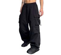 Cargohose Herren Baggy Cargo Hose mit Taschen Hosen Hip Hop Y2K Fallschirmhose Jogginghose Elastische Taille Haremshose Sporthose mit Tunnelzug Pants Solid Harajuku Streetwear