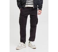 Cargohose JACK & JONES "JPSTKANE JJJONNIE CUFFED CARGO", Herren, Gr. 28, Länge 32, schwarz, Web, Obermaterial: 98% Baumwolle, 2% Elasthan, unifarben, modisch, loose fit knöchellang, Hosen (17759362-28