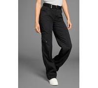 Cargohose KANGAROOS, Damen, Gr. 44, N-Gr, schwarz, Web, Obermaterial: 50% Baumwolle, 46% Polyamid, 4% Elasthan, kontrastfarbene Details, unifarben, bequem bodenlang, Hosen Cargohose, mit besonderem Ta