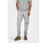 Cargohose ONLY & SONS "ONSCAM STAGE CARGO CUFF LIFE 6687 NOOS", Damen, Gr. 31, Länge 34, grau (glacier gray), Web, Obermaterial: 98% Baumwolle, 2% Elasthan, unifarben, slim fit normal, Hosen Cargohose