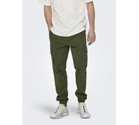 Cargohose ONLY & SONS "ONSCARTER LIFE CARGO CUFF 0013 PANT NOOS", Herren, Gr. 28, Länge 32, grün (olive night), Web, Obermaterial: 98% Baumwolle, 2% Elasthan, unifarben, normal, Hosen Cargohose (22463