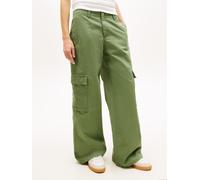 Cargohose TOMMY JEANS "TJW LR WIDE STRAIGHT CARGO PANT", Damen, Gr. 28, Länge 32, bay leaf, Web, Obermaterial: 65% Baumwolle, 35% Polyester, unifarben, straight fit lang, Hosen Cargohose, im Baumwoll-