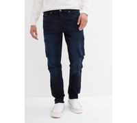 Cargojeans BONPRIX "Slim Fit Cargo-Stretch-Jeans, Straight", Herren, Gr. 50, N-Gr, blau (dunkelblau denim), Obermaterial: 98% Baumwolle, 2% Elasthan, slim fit, Jeans, Slim Fit, aus Baumwolle und Elast
