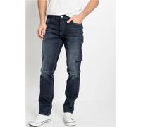 Cargojeans BONPRIX "Slim Fit Cargo-Stretch-Jeans, Straight", Damen, Gr. 50, N-Gr, blau (dunkelblau denim used), Obermaterial: 98% Baumwolle, 2% Elasthan, slim fit, Jeans, Slim Fit, aus Baumwolle und E