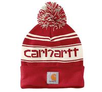 Carhartt Herren Strickmütze mit Bommel und Logo, Rot/Winterweiß meliert, Einheitsgröße
