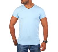 Carisma Herren Basic Uni T-Shirt einfarbiges Kurzarm Shirt tiefer V-Ausschnitt dehnbar Stretch 4066-4644, Grösse:XL, Farbe:Hellblau (Destroyed Look)
