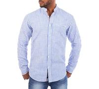 Carisma Herren Baumwoll Leinen Mix Stehkragen Hemd gestreift langarm leicht körperbetont lässig 8455, Grösse:S, Farbe:Blau