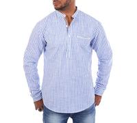 Carisma Herren Baumwoll Leinen Mix Stehkragen Tunika gestreift Langarm leicht körperbetonter Legerer Schnitt, Grösse:S, Farbe:Blau