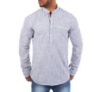 Carisma Herren Baumwoll Leinen Mix Stehkragen Tunika gestreift Langarm leicht körperbetonter Legerer Schnitt, Grösse:M, Farbe:Grau