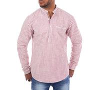 Carisma Herren Baumwoll Leinen Mix Stehkragen Tunika gestreift Langarm leicht körperbetonter Legerer Schnitt, Grösse:XL, Farbe:Rot