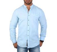 Carisma Herren Baumwoll Leinen Mix Uni Stehkragen Hemd Langarm einfarbig leicht körperbetont 8444, Grösse:XXL, Farbe:Hellblau