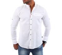 Carisma Herren Baumwoll Leinen Mix Uni Stehkragen Hemd Langarm einfarbig leicht körperbetont 8444, Grösse:M, Farbe:Weiß
