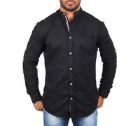 Carisma Herren Baumwoll Leinen Mix Uni Stehkragen Hemd Langarm einfarbig leicht körperbetont 8444, Grösse:XXL, Farbe:Schwarz