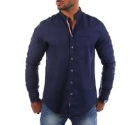 Carisma Herren Hemd Leinen Baumwoll Mix - Freizeit Oberteil mit Stehkragen Kontrast Knopfleiste trendig lässig Basic Oberteil Langarm Regular fit - Modell 8444, Grösse:XL, Farbe:Dunkelblau