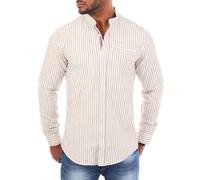 Carisma Herren Hemd Leinen Baumwoll Mix - Freizeit Oberteil mit Stehkragen trendig längs gestreift Langarm Basic Kontrast Look - Modell 8455, Grösse:3XL, Farbe:Beige