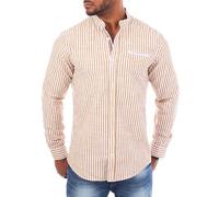 Carisma Herren Hemd Leinen Baumwoll Mix - Freizeit Oberteil mit Stehkragen trendig längs gestreift Langarm Basic Kontrast Look - Modell 8455, Grösse:M, Farbe:Hellbraun
