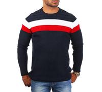Carisma Herren Leichter Feinstrick Pullover Uni getreift Retro Look Rundhals Ausschnitt 7558, Grösse:S, Farbe:Dunkelblau