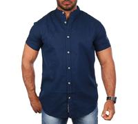 Carisma Herren Leinen Baumwoll Mix Casual Stehkragen Hemd Kurzarm Regular fit 9337, Grösse:M, Farbe:Dunkelblau