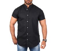 Carisma Herren Leinen Baumwoll Mix Casual Stehkragen Hemd Kurzarm Regular fit 9337, Grösse:M, Farbe:Schwarz