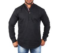 Carisma Herren Stehkragen Tunika Hemd Langarm Baumwoll Leinen Mix Uni körperbetont legere 8443, Grösse:L, Farbe:Schwarz