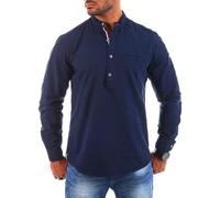 Carisma Herren Tunika Leinen Baumwoll Mix - Freizeit Hemd mit Stehkragen Kontrast Knopfleiste trendig lässig Basic Oberteil Langarm Regular fit - Modell 8443, Grösse:L, Farbe:Dunkelblau
